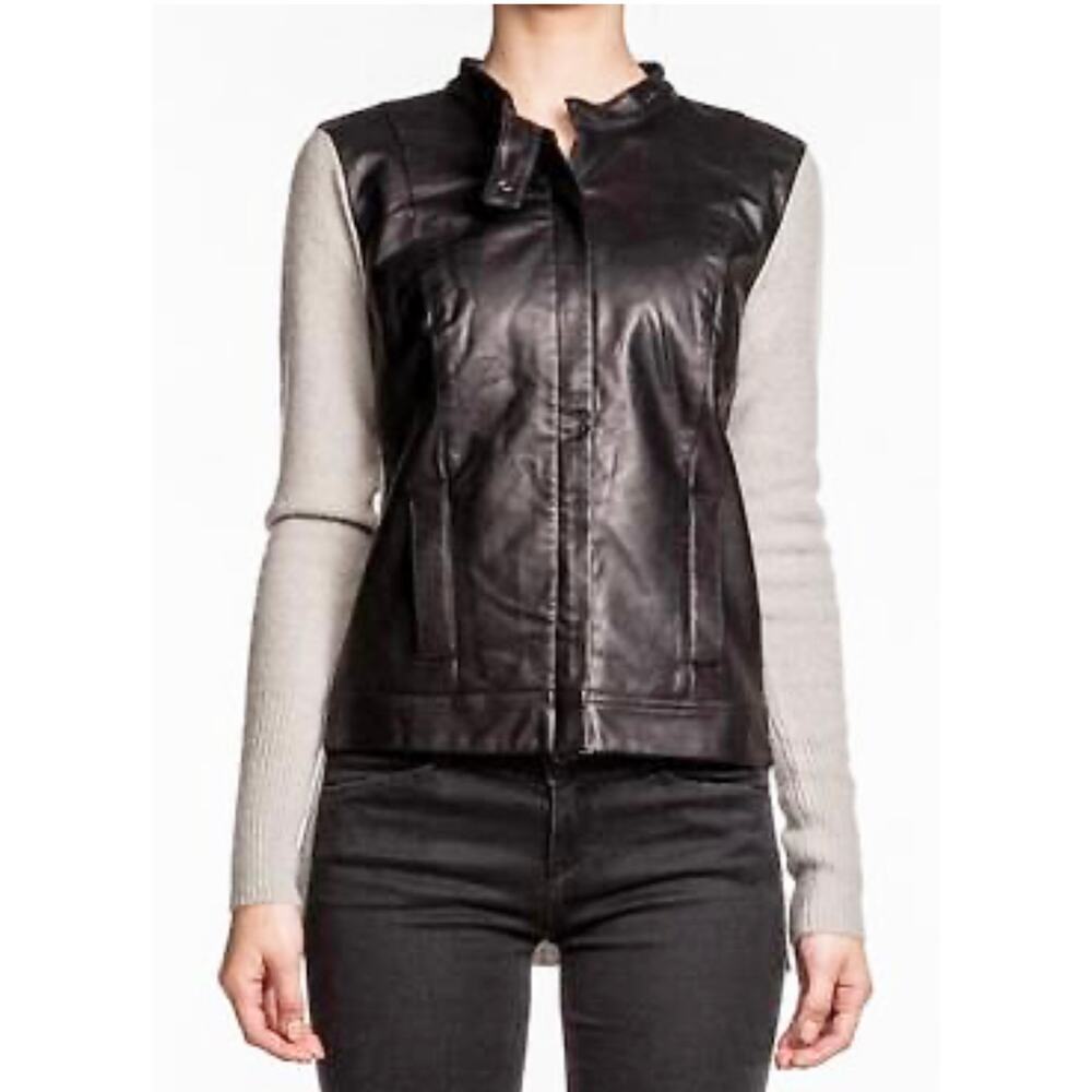 Robert Rodriguez Black Leather Beige Knit Mixed Media Motorcycle Jacket Size S